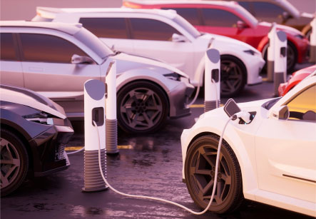 Multiple electric vehicles plugged in at charging stations