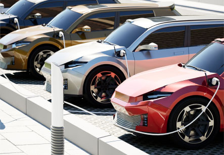 Multiple electric vehicles plugged in at charging stations