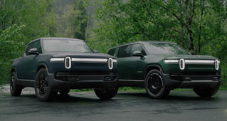 Rivian's second generation of electric vehicles, the R1T pick-up truck and the R1S SUV parked side-by-side