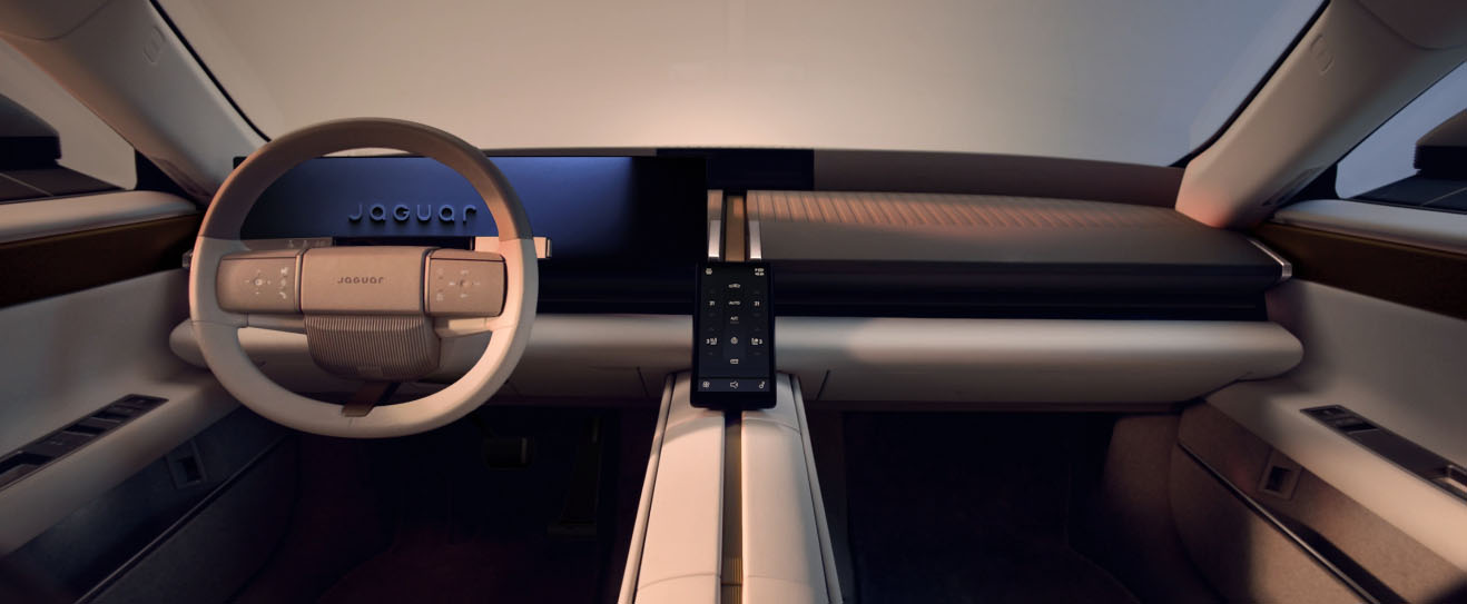 Photograph showing the front interior of a Jaguar Type 01 electric vehicle