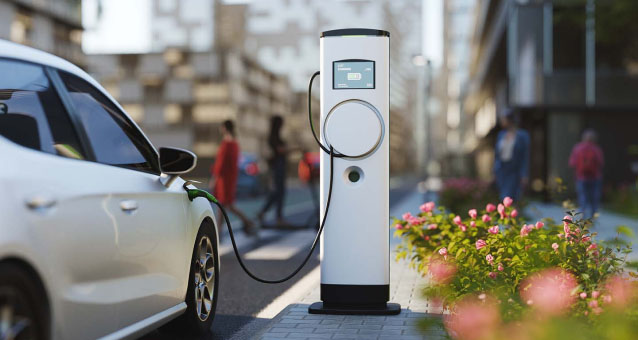 An electric vehicle charging station on a city street with a white car plugged in.