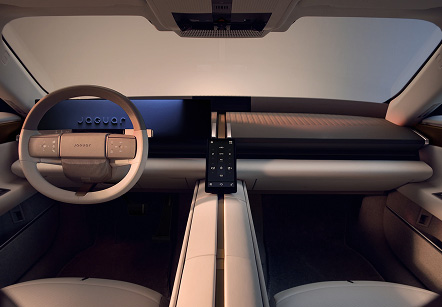 Photograph showing the front interior of a Jaguar Type 01 electric vehicle