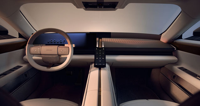 Photograph showing the front interior of a Jaguar Type 01 electric vehicle