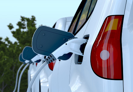 A close-up of a line of EVs charging
