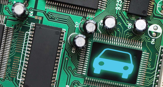 Close up of a microchip with a car icon on it
