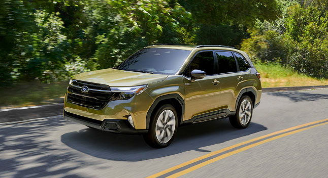 A green Subaru Forester Hybrid SUV driving on a curved road surrounded by dense green trees and vegetation.