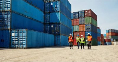 Four dock workers walking alongside stacks of shipping containers