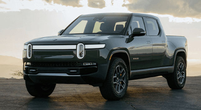 A black Rivian R1T electric truck